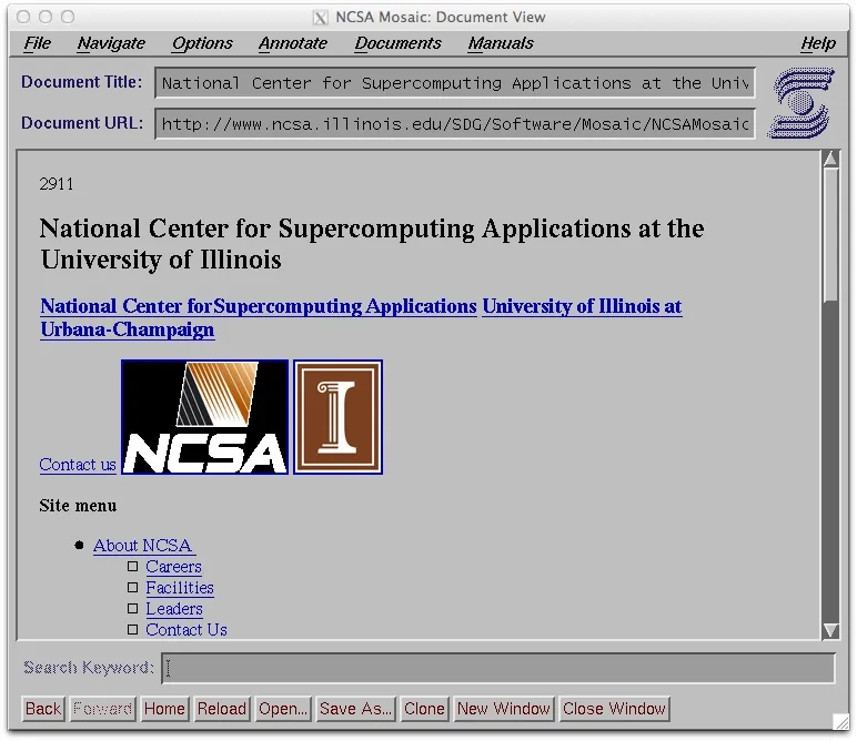 Screenshot des NCSA-Mosaic-Browserfensters unter X11 mit der Seite des National Center for Supercomputing Applications, inklusive Menüleiste, Feldern für Document Title und URL sowie Buttons wie Back, Forward und Reload
