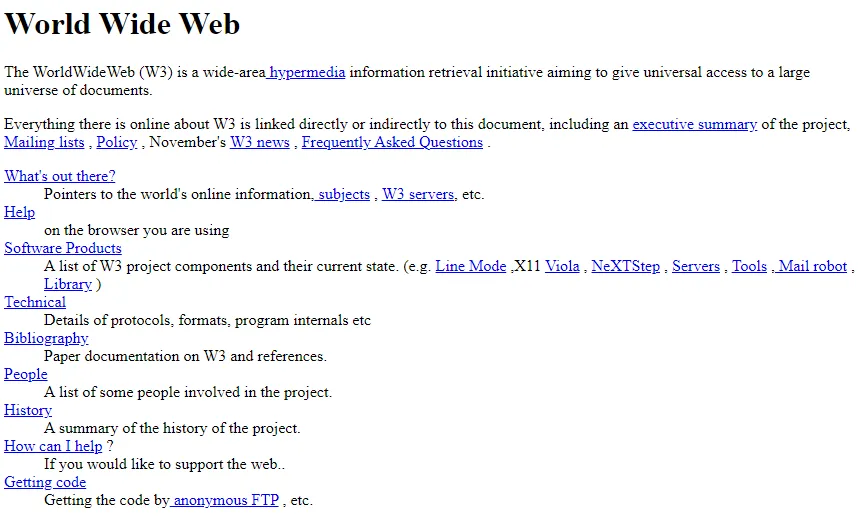 Screenshot der ersten Webseite "World Wide Web" von Tim Berners-Lee: schlichter schwarzer Text auf weißem Hintergrund mit blauen Links zu Abschnitten wie "What's out there?", "Help", "Software Products" und "History"